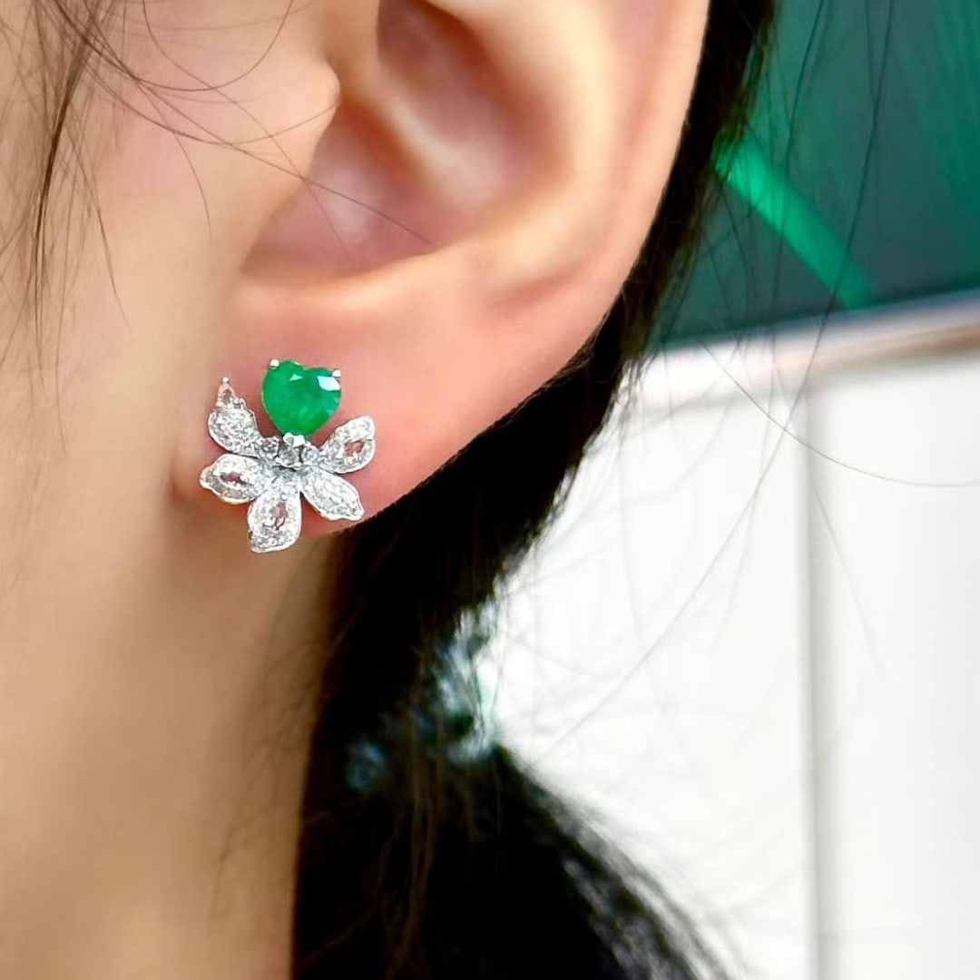 14k Gold 1.3 Ct Vivid Green Natural Emerald & Diamond & Sapphire Earrings - 3