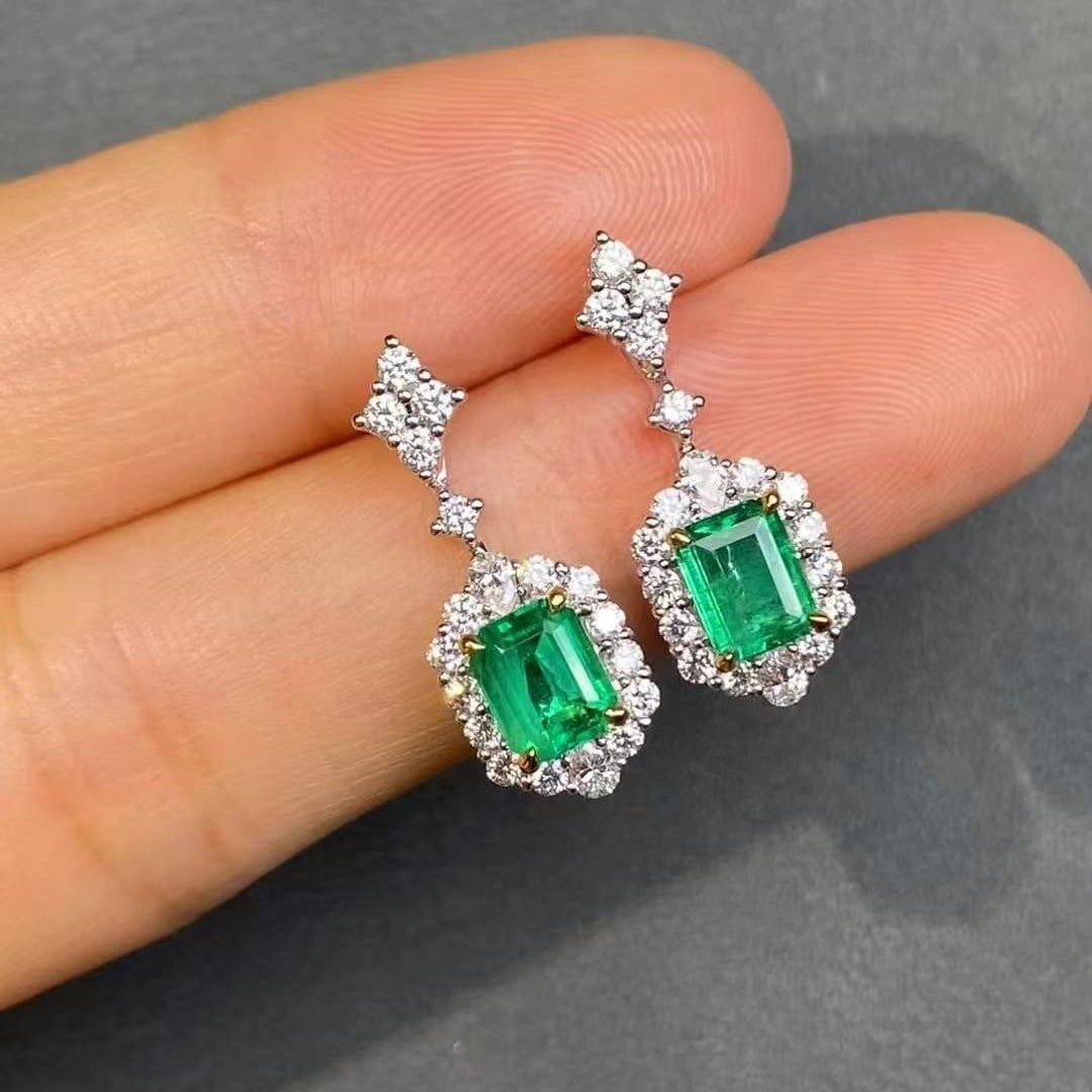 14k Gold 2.05 Ctw Vivid Green Natural Emerald & Diamond Earrings - 2