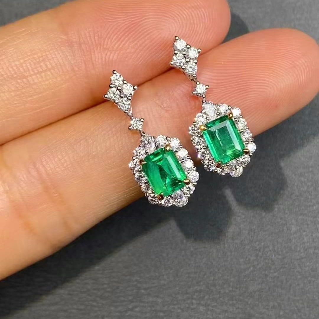 14k Gold 2.05 Ctw Vivid Green Natural Emerald & Diamond Earrings - 5