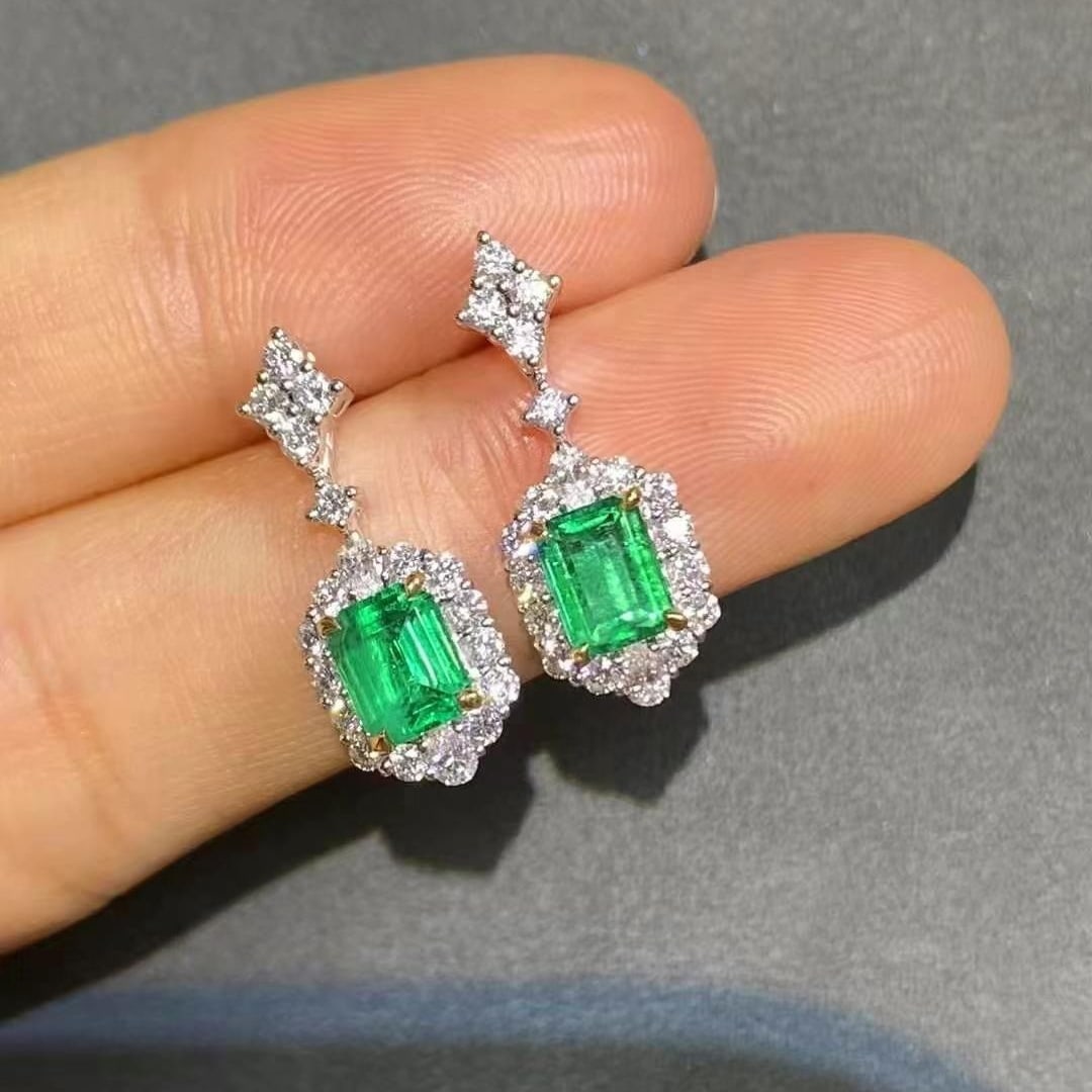 14k Gold 2.05 Ctw Vivid Green Natural Emerald & Diamond Earrings - 6