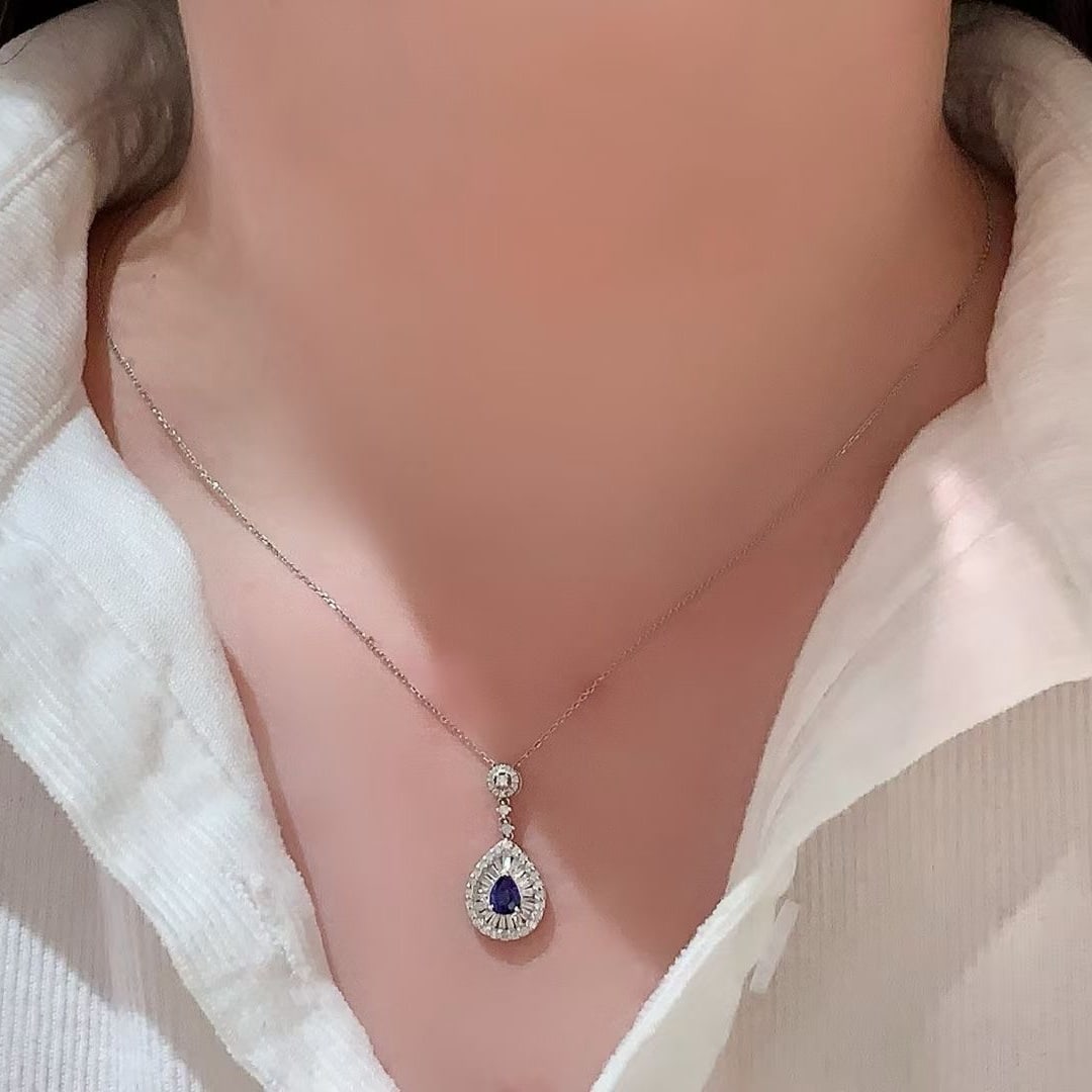 14k Gold 1.00 Ctw Natural Sapphire & Diamond Pendant( Without Chain ) - 4