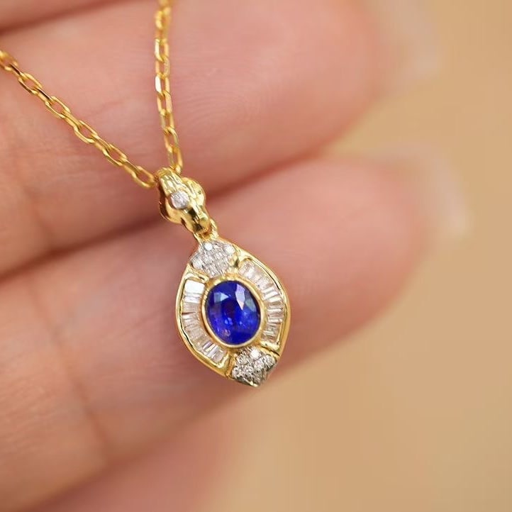14k Gold 0.25 Ct Natural Sapphire & Diamond Pendant( Without Chain ) - 5