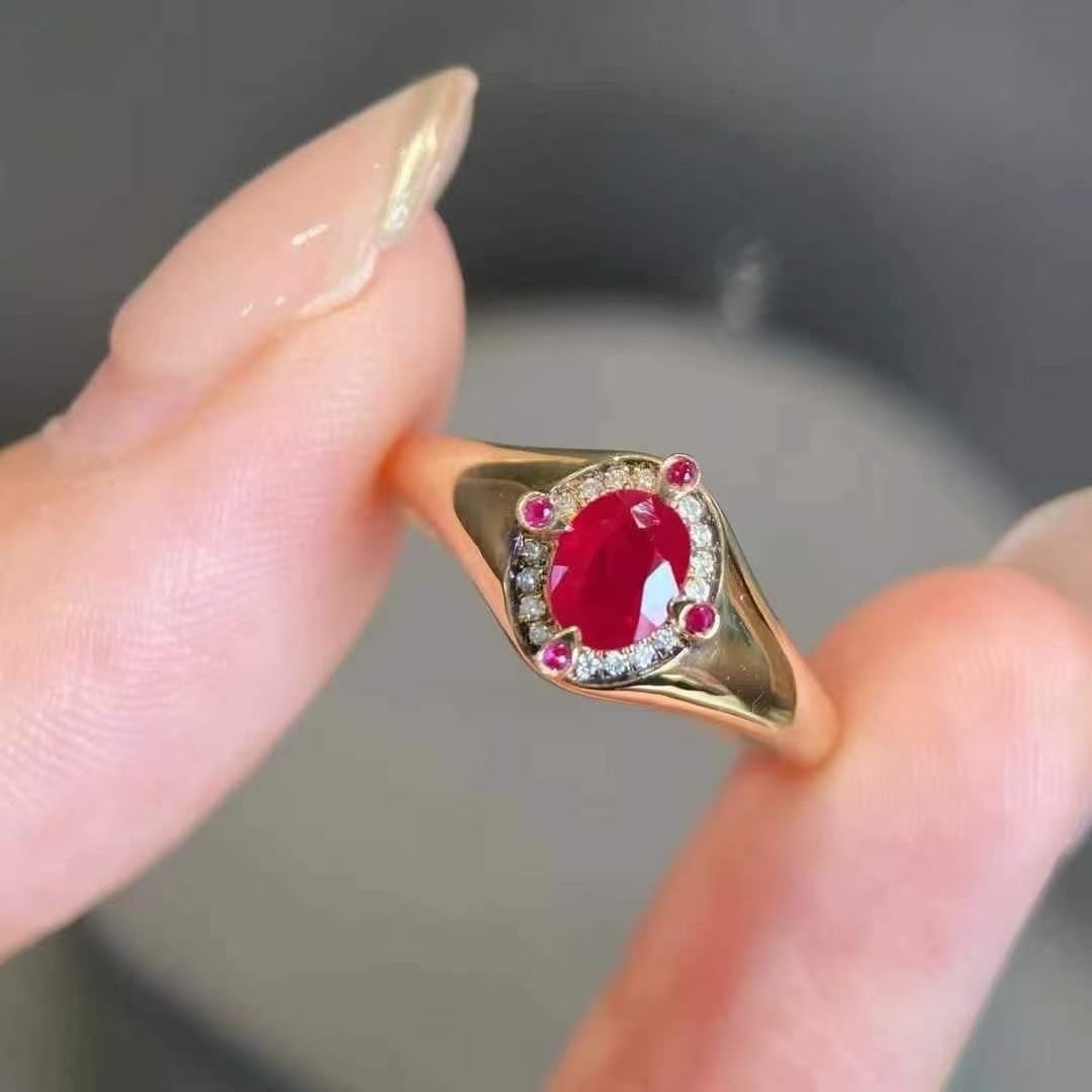 14k Gold 0.54 Ctw Natural Ruby & Diamond Ring: Ref:230999254 // gold content:14k gold // ring size:7. 25us // // main gemstone:ruby // shape:oval // carat weight:0. 48ct // color:pigeonblood red // treatment:natural // // adjacent gemstone 2 :