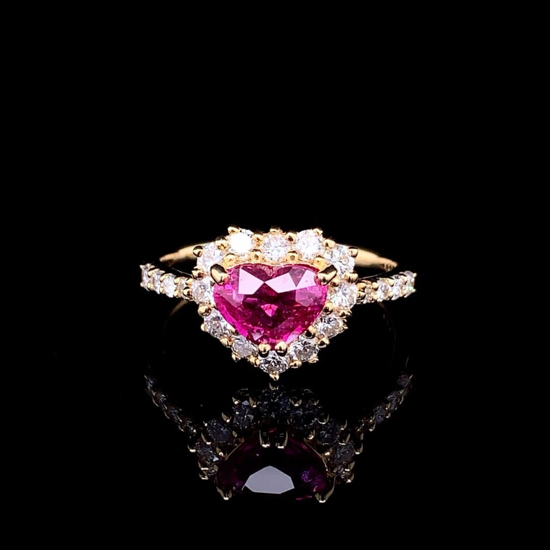 14k Gold 1.85 Ctw Natural Ruby & Diamond Ring: Ref:231000063 // gold content:14k gold // ring size:7. 25us // // main gemstone:ruby // shape:heart // carat weight:1. 27ct // color:red // treatment:natural // // adjacent gemstone 2 : diamond // sha