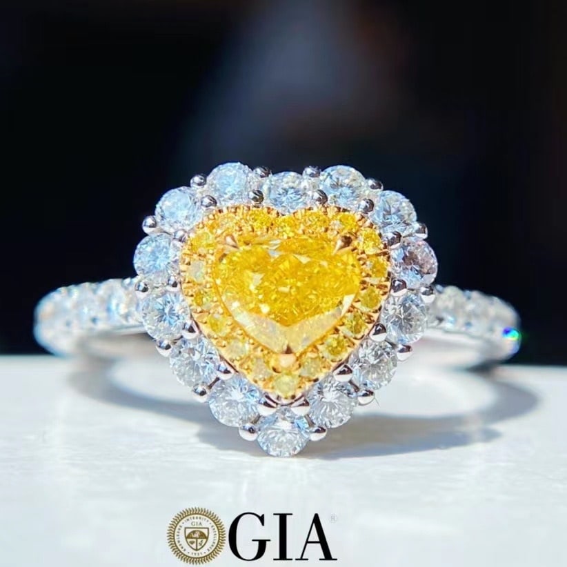 Gia Certified 14k Gold 1.18 Ctw Natural Yellow Diamond & Diamond Ring: Ref:231000070 // gold content:14k gold // ring size:7. 25us // // main gemstone:yellow diamond // certified:gia // shape:heart // carat weight:0. 51ct // clarity grade:vvs2 // color:yellow //