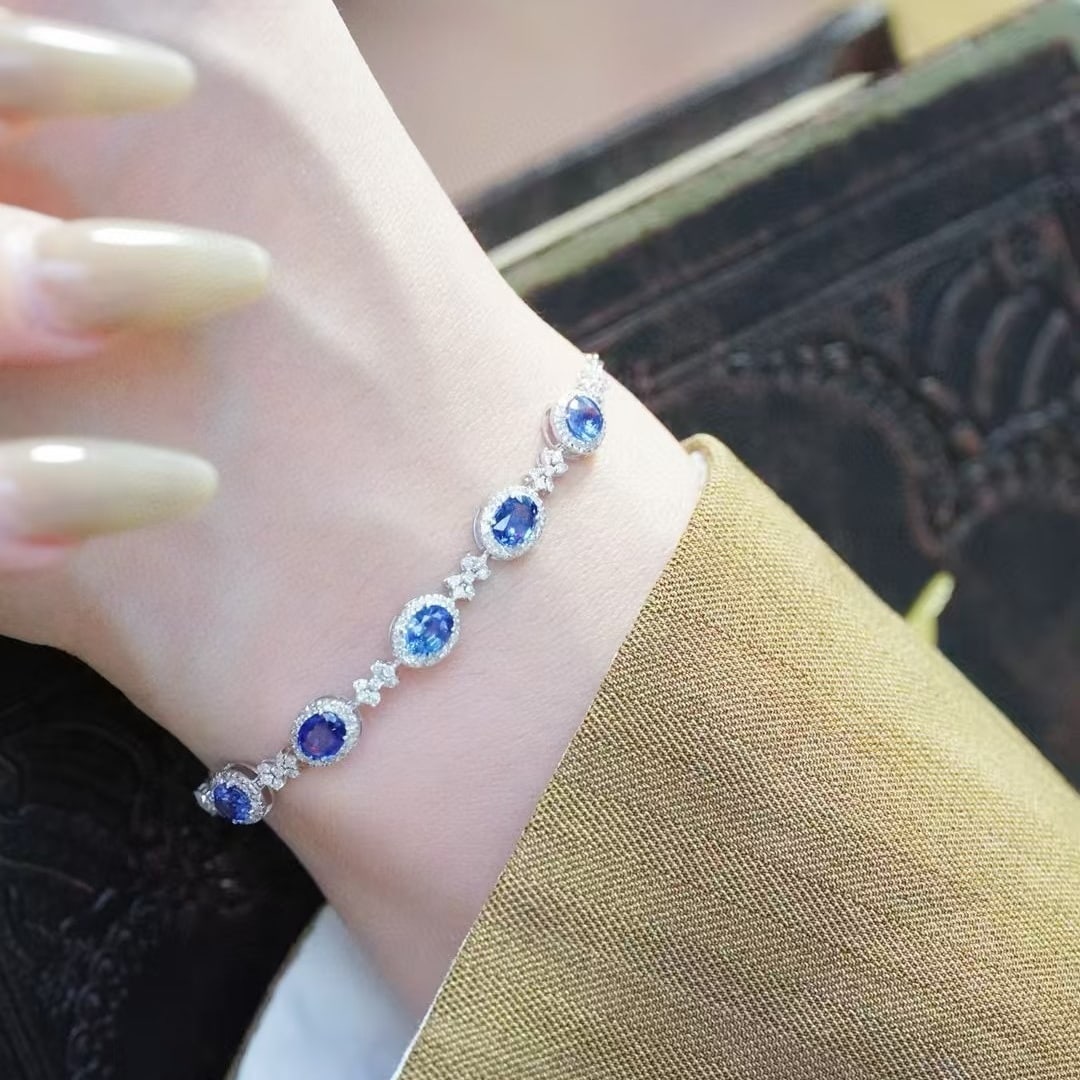 14k Gold 2.85 Ct Natural Sapphire & Diamond Bracelet - 5