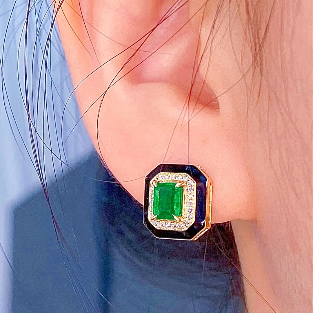 14k Gold 1.74 Ctw Vivid Green Natural Emerald & Diamond Earrings - 4