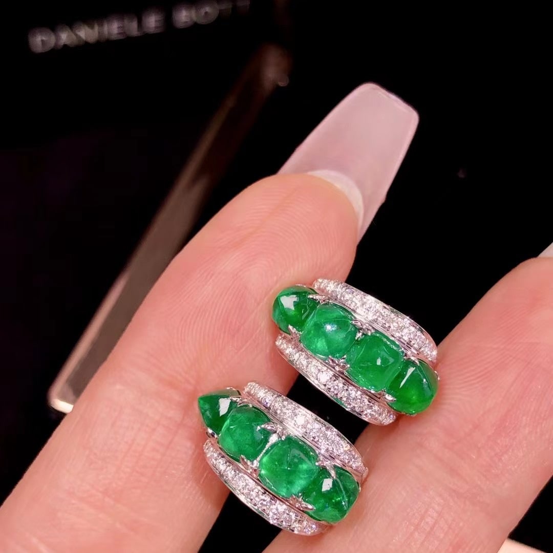 14k Gold 4.03 Ctw Vivid Green Natural Emerald & Diamond Earrings - 2