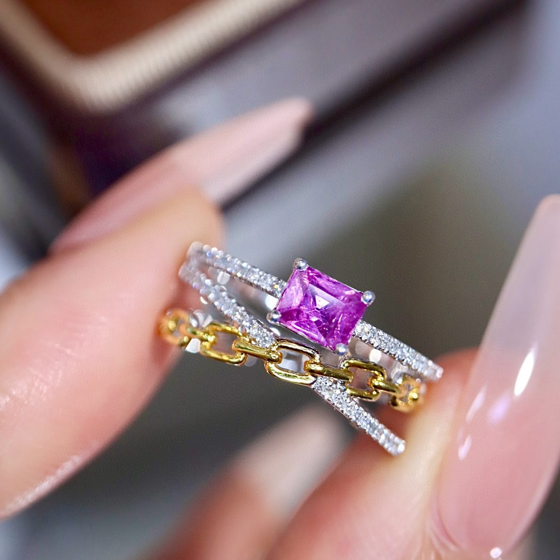 14k Gold 0.68 Ctw Natural Sapphire & Diamond Ring: Ref:231000226 // gold content:14k gold // ring size:7. 25us // // main gemstone:sapphire // shape:octagonal // carat weight:0. 54ct // color:purple // treatment:natural // // adjacent gemstone 2 :