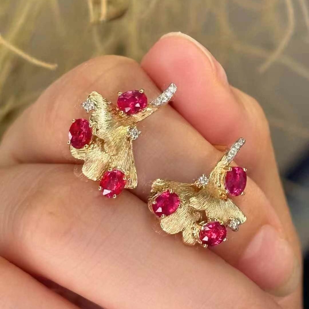 14k Gold 2 Ct Natural Ruby & Diamond Earrings - 2