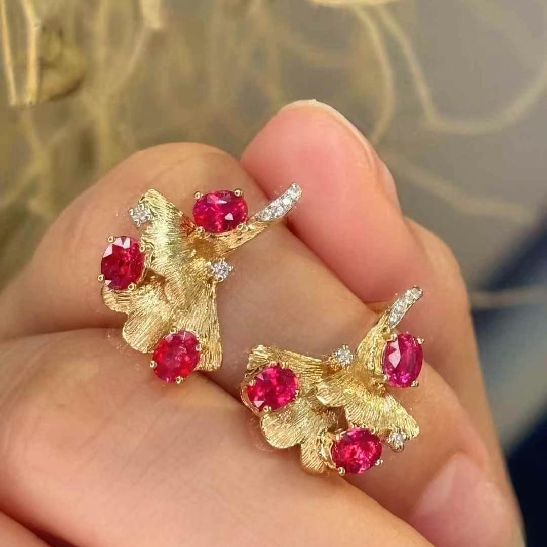 14k Gold 2 Ct Natural Ruby & Diamond Earrings - 3