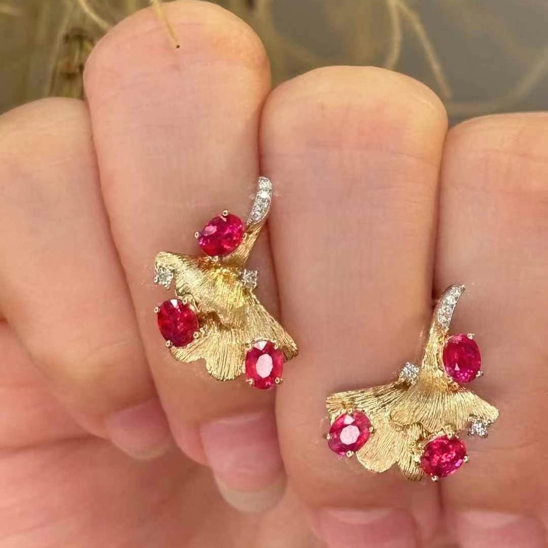 14k Gold 2 Ct Natural Ruby & Diamond Earrings - 4