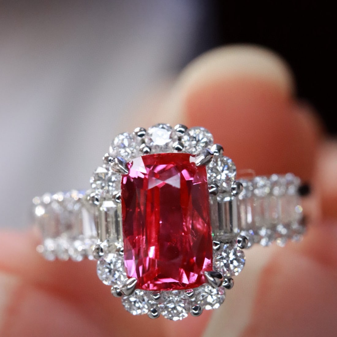14k Gold 1.49 Ctw Natural Ruby & Diamond Ring: Ref:231000262 // gold content:14k gold // ring size:7. 25us // // main gemstone:ruby // shape:cushion // carat weight:1. 04ct // color:pigeonblood red // treatment:natural // // adjacent gemstone 2 :