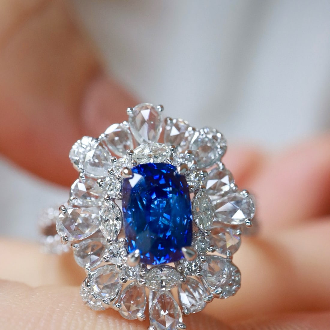 14k Gold 2.64 Ctw Natural Sapphire & Diamond Ring: Ref:231000269 // gold content:14k gold // ring size:7. 25us // // main gemstone:sapphire // shape:cushion // carat weight:1. 49ct // color:royal blue // treatment:natural // // adjacent gemstone 2 : d