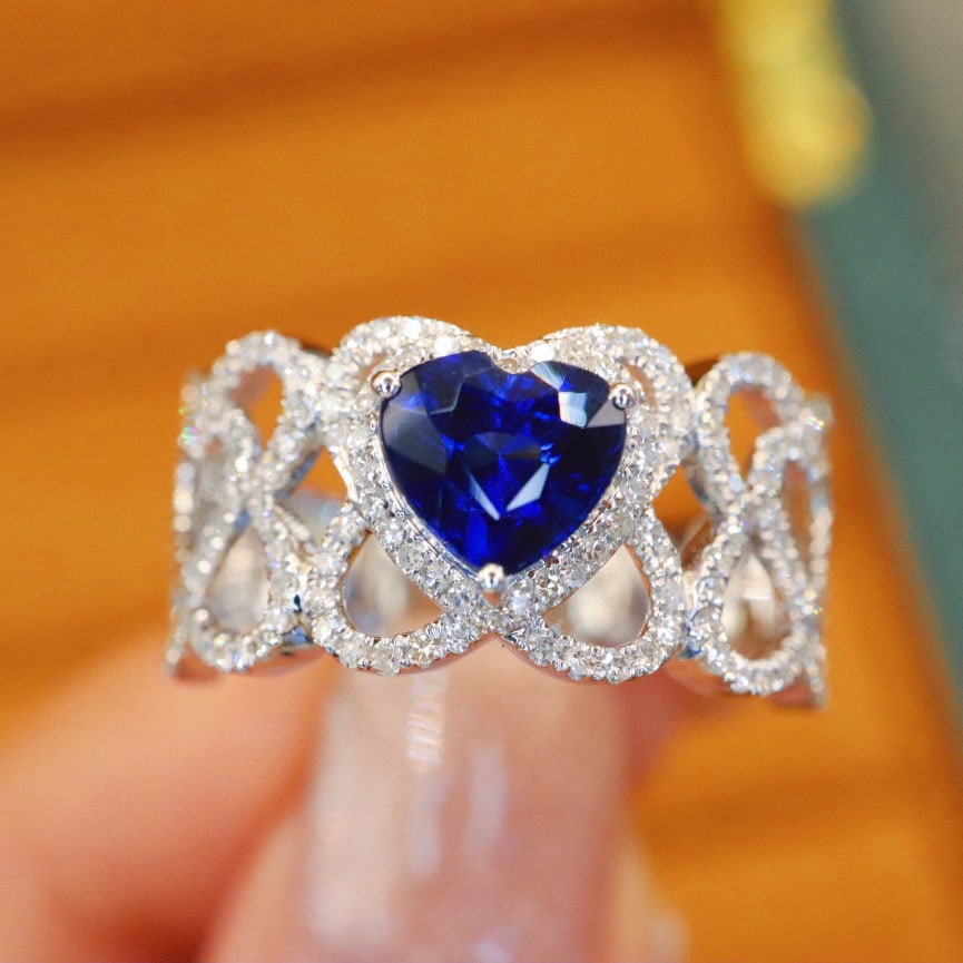 14k Gold 1.67 Ctw Natural Sapphire & Diamond Ring: Ref:231000307 // gold content:14k gold // ring size:7. 25us // // main gemstone:sapphire // shape:heart // carat weight:1. 16ct // color:royal blue // treatment:natural // // adjacent gemstone 2 :