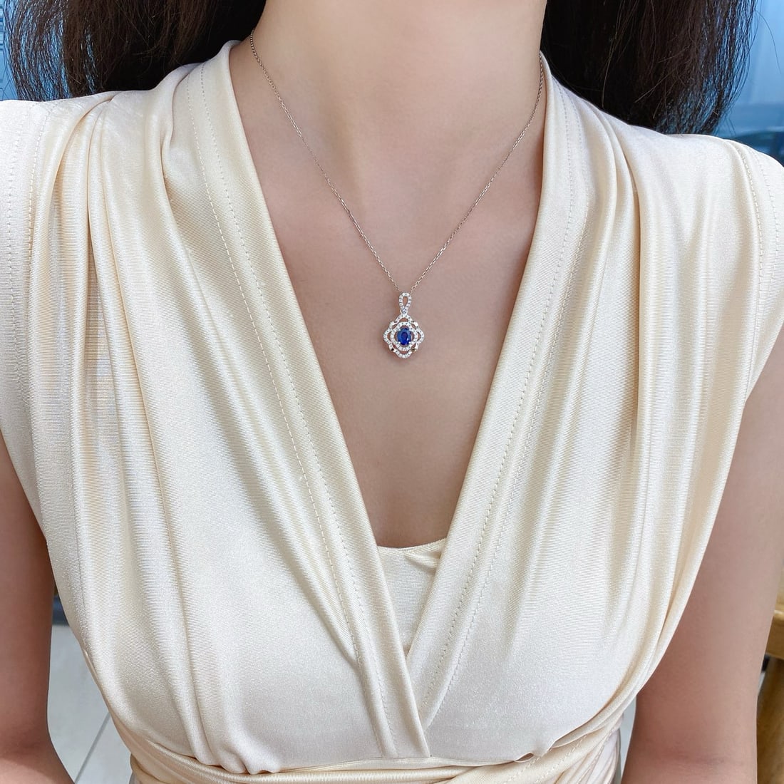 14k Gold 1.07 Ctw Natural Sapphire & Diamond Pendant( Without Chain ) - 2