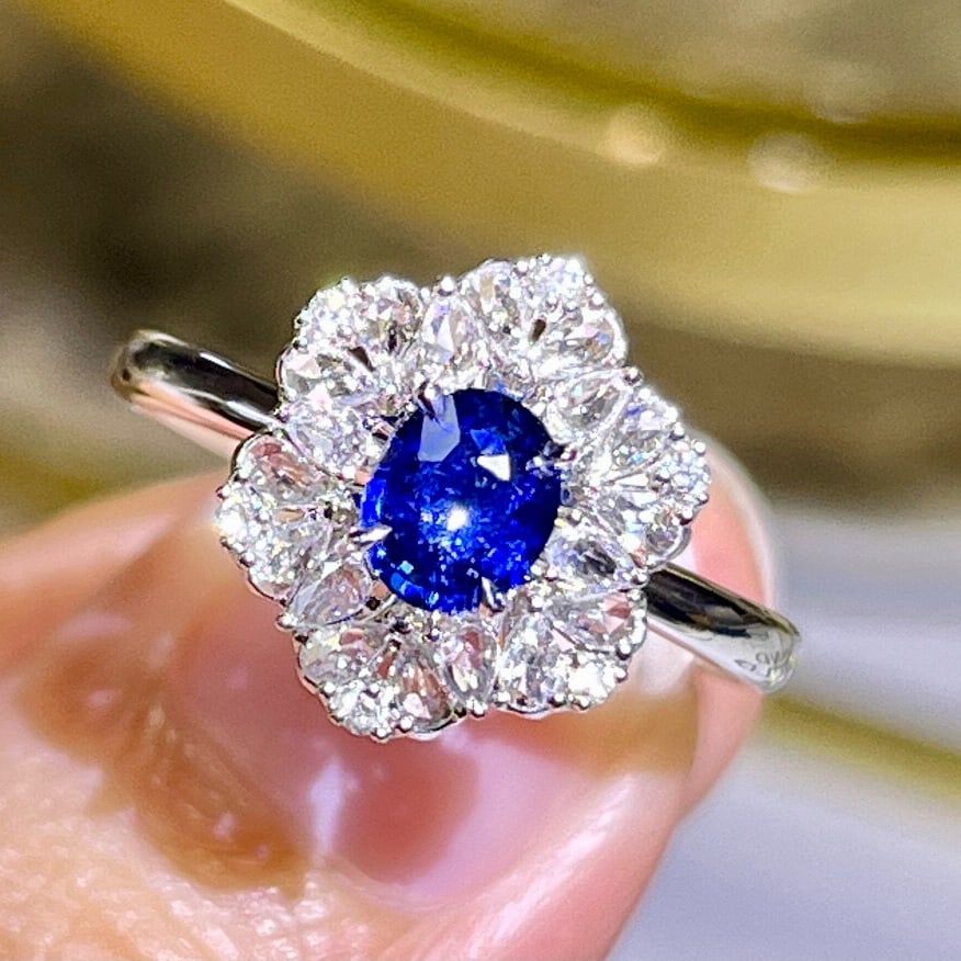 14k Gold 0.84 Ctw Natural Sapphire & Diamond Ring: Ref:231000359 // gold content:14k gold // ring size:7. 25us // // main gemstone:sapphire // shape:oval // carat weight:0. 54ct // color:royal blue // treatment:natural // // adjacent gemstone 2 :