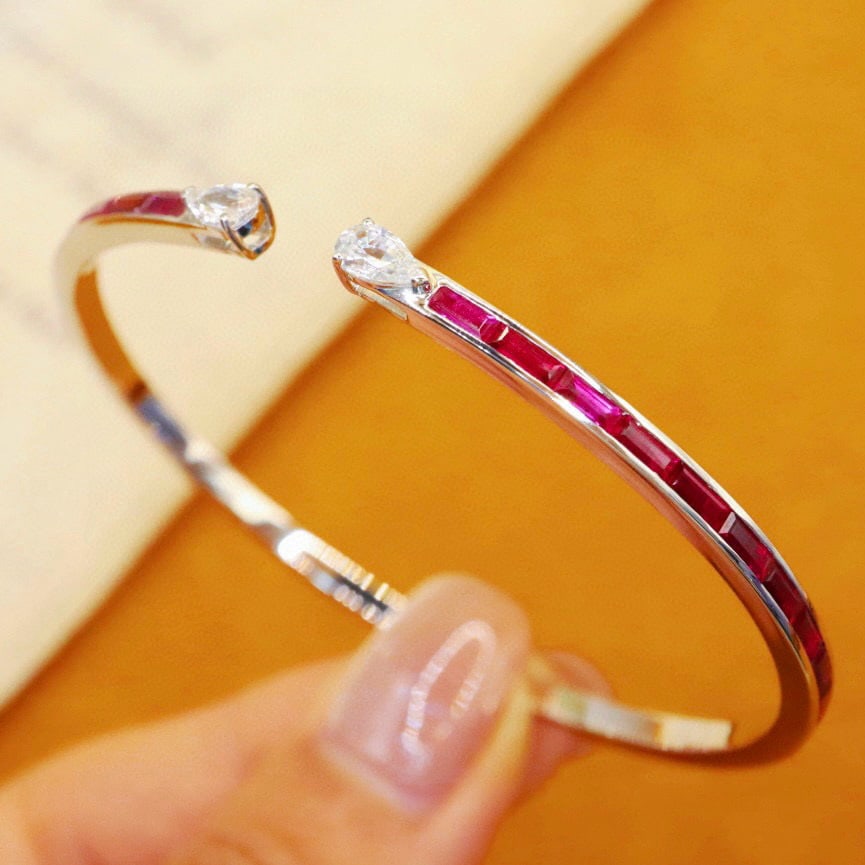 14k Gold 4.20 Ctw Natural Ruby & Sapphire Bangle - 2