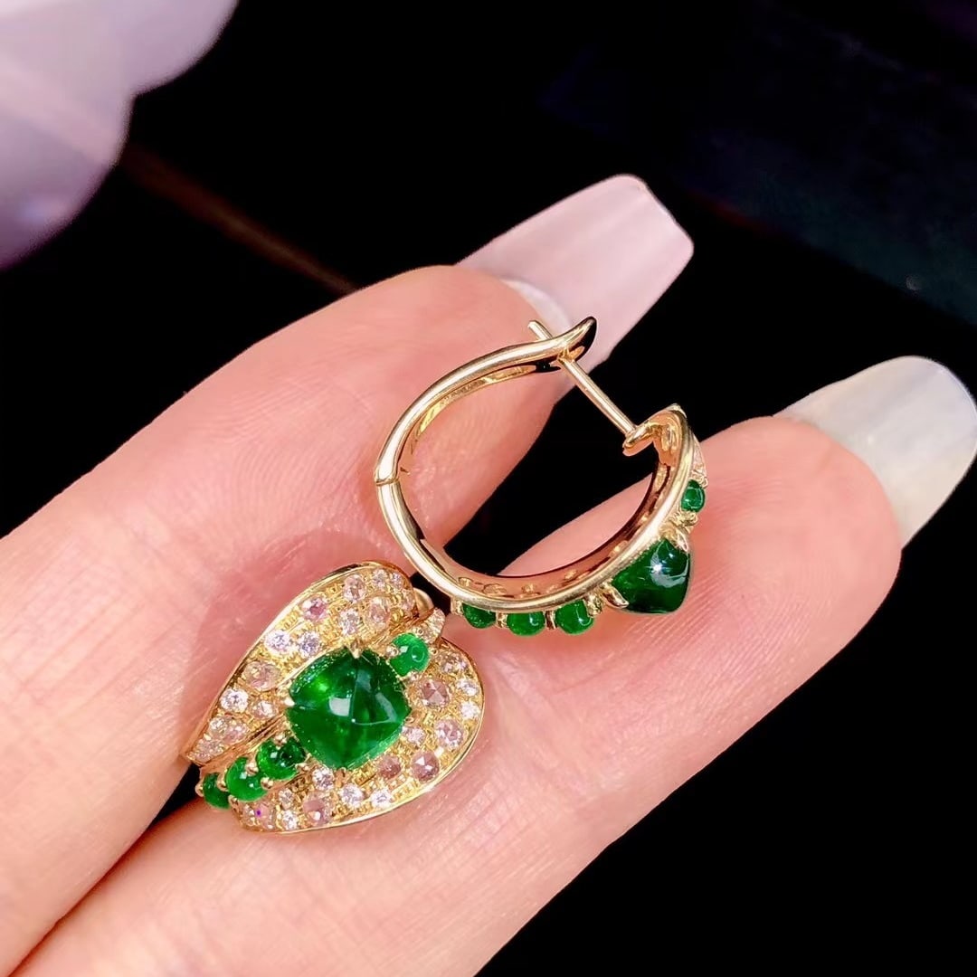 14k Gold 2.85 Ctw Vivid Green Natural Emerald & Diamond Earrings - 4