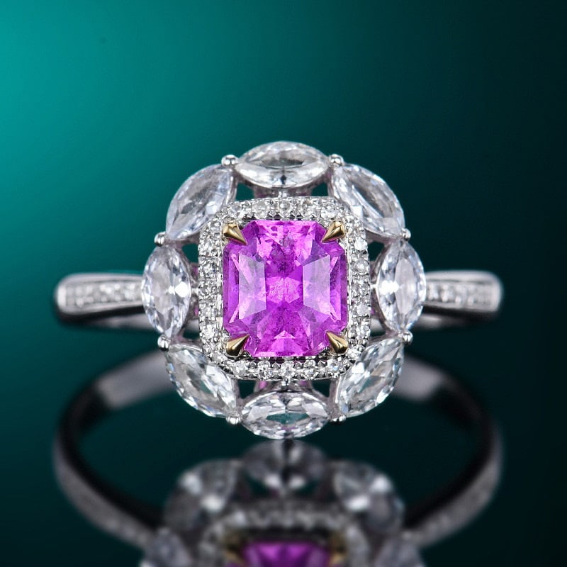 14k Gold 1.01 Ctw Natural Sapphire & Diamond Ring: Ref:231101032 // gold content:14k gold // ring size:7. 25us // // main gemstone:sapphire // shape:octagonal // carat weight:0. 91ct // color:pinkish purple // treatment:natural // // adjacent gemstone