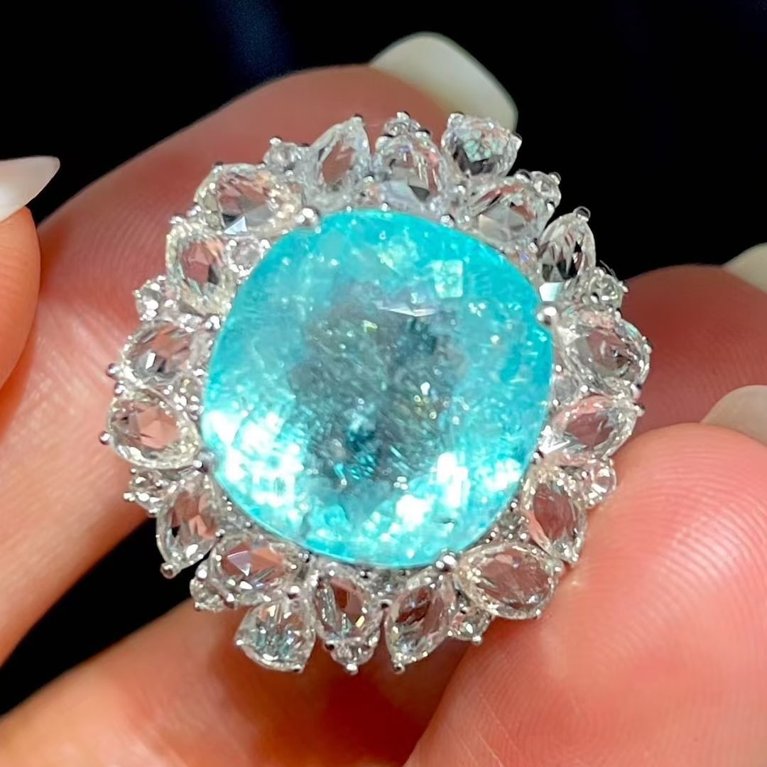 14k Gold 9.68 Ct Natural Paraiba Tourmaline & Sapphire Ring: Ref:231101055 // gold content:14k gold // ring size:7. 25us // // main gemstone:paraiba tourmaline // shape:cushion // carat weight:9. 68ct // color:blue // treatment:natural // // adjacent