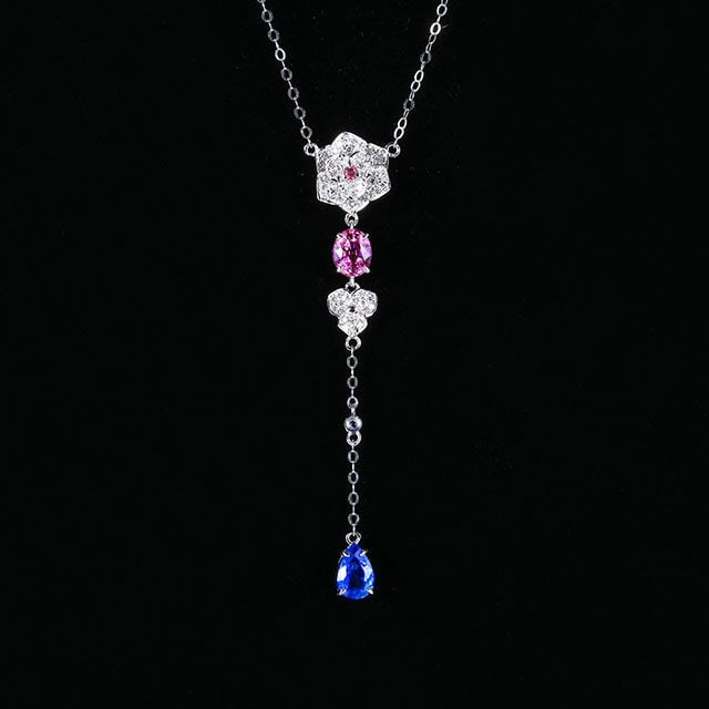 14k Gold 1.47 Ctw Natural Sapphire & Diamond Necklace: Ref:231101071 // gold content:14k gold // main gemstone:sapphire // shape:oval & pear // carat weight:1. 22ct // color:pink & blue // treatment:natural // // adjacent gemstone 2 : diamond // number