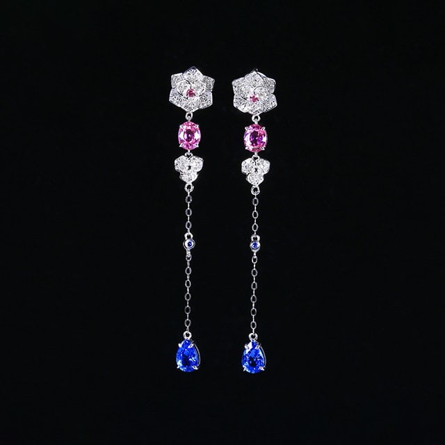 14k Gold 3.01 Ctw Natural Sapphire & Diamond Earrings: Ref:231101102 // gold content:14k gold // main gemstone:sapphire // shape:oval & pear // carat weight:2. 51ct // color:pink & blue // treatment:natural // // adjacent gemstone 2 : diamond // number