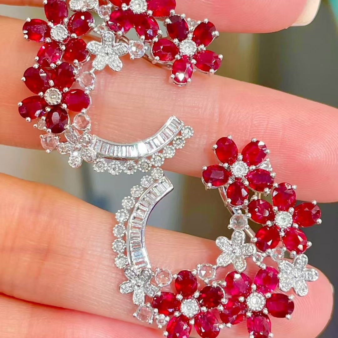 14k Gold 7.00 Ct Natural Ruby & Diamond & Sapphire Earrings: Ref:231101104 // gold content:14k gold // main gemstone:ruby // shape:oval // carat weight:7. 00ct // color:red // treatment:natural // // adjacent gemstone 2 : diamond // shape:multiple // clarity
