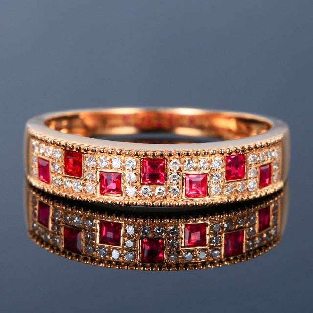 14k Gold 0.48 Ctw Natural Ruby & Diamond Ring: Ref:231101142 // gold content:14k gold // ring size:7. 25us // // main gemstone:ruby // shape:square // carat weight:0. 37ct // color:red // treatment:natural // // adjacent gemstone 2 : diamond // nu