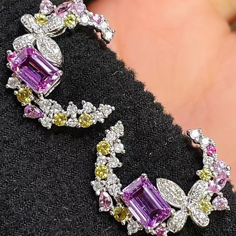 14k Gold 1.71 Ctw Natural Sapphire & Diamond Earrings: Ref:231101226 // gold content:14k gold // main gemstone:sapphire // shape:octagonal // carat weight:1. 32ct // color:purple // treatment:natural // // adjacent gemstone 2 : diamond // shape:round