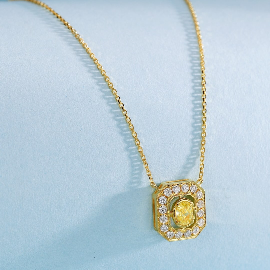 14k Gold 0.38 Ctw Natural Yellow Diamond & Diamond Necklace: Ref:231102032 // gold content:14k gold // main gemstone:yellow diamond // shape:oval // carat weight:0. 19ct // color:yellow // treatment:natural // // adjacent gemstone 2 : diamond // shape:round