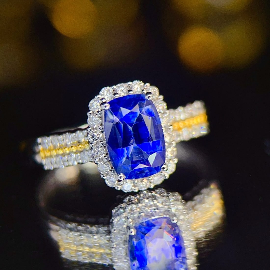 14k Gold 1.72 Ctw Natural Sapphire & Diamond Ring: Ref:231102082 // gold content:14k gold // ring size:7. 25us // // main gemstone:sapphire // shape:cushion // carat weight:1. 4ct // color:blue // treatment:natural // // adjacent gemstone 2 : diamond