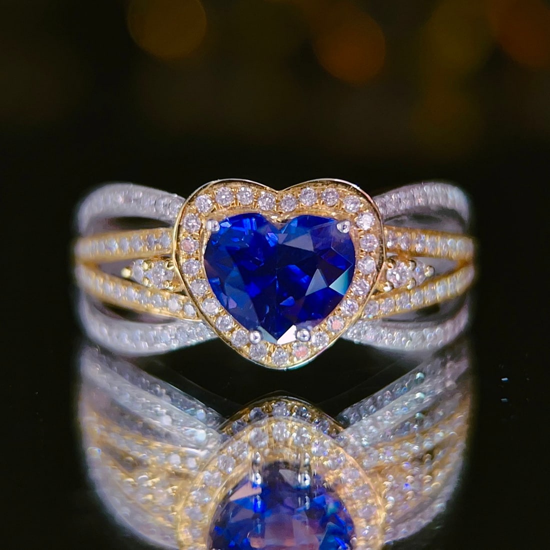14k Gold 1.84 Ctw Natural Sapphire & Diamond Ring: Ref:231102092 // gold content:14k gold // ring size:7. 25us // // main gemstone:sapphire // shape:heart // carat weight:1. 44ct // color:blue // treatment:natural // // adjacent gemstone 2 :