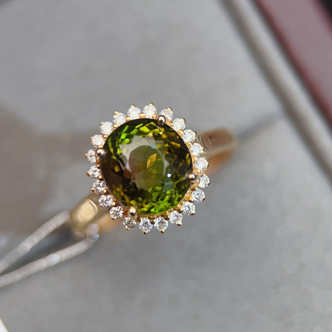 14k Gold 3.47 Ctw Natural Tourmaline & Diamond Ring: Ref:231102094 // gold content:14k gold // ring size:7. 25us // // main gemstone:tourmaline // shape:oval // carat weight:3. 25ct // color:green // treatment:natural // // adjacent gemstone 2 :