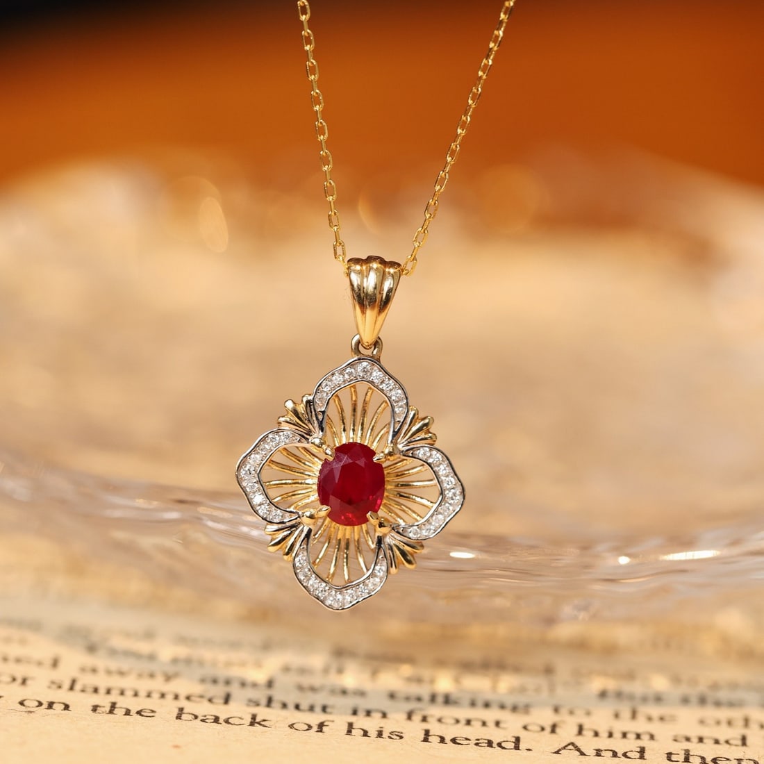 14k Gold 0.53 Ctw Natural Ruby & Diamond Pendant( Without Chain ): Ref:231102107 // gold content:14k gold // main gemstone:ruby // shape:oval // carat weight:0. 45ct // color:pigeonblood red // treatment:natural // // adjacent gemstone 2 : diamond // shape:round // c