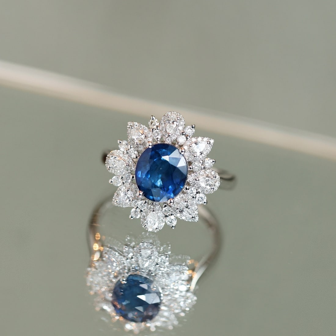 14k Gold 3.60 Ctw Natural Sapphire & Diamond Ring: Ref:231102167 // gold content:14k gold // ring size:7. 25us // // main gemstone:sapphire // shape:oval // carat weight:2. 90ct // color:blue // treatment:natural // // adjacent gemstone 2 :