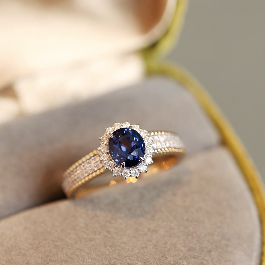 14k Gold 1.87 Ctw Natural Sapphire & Diamond Ring: Ref:231102170 // gold content:14k gold // ring size:7. 25us // // main gemstone:sapphire // shape:oval // carat weight:1. 53ct // color:blue // treatment:natural // // adjacent gemstone 2 :