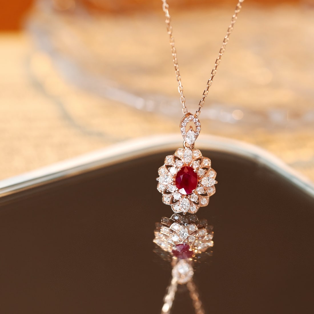 14k Gold 0.95 Ctw Vivid Red Natural Ruby & Diamond Pendant( Without Chain ): Ref:231102213 // gold content:14k gold // main gemstone:ruby // shape:oval // carat weight:0. 5ct // color:vivid red // treatment:natural // // adjacent gemstone 2 : diamond // shape:multiple // carat