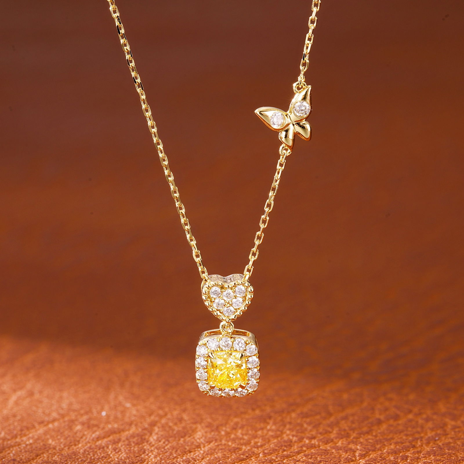 14k Gold 0.48 Ctw Natural Yellow Diamond & Diamond Necklace: Ref:231102245 // gold content:14k gold // main gemstone:yellow diamond // shape:cushion // carat weight:0. 31ct // color:yellow // treatment:natural // // adjacent gemstone 2 : diamond //