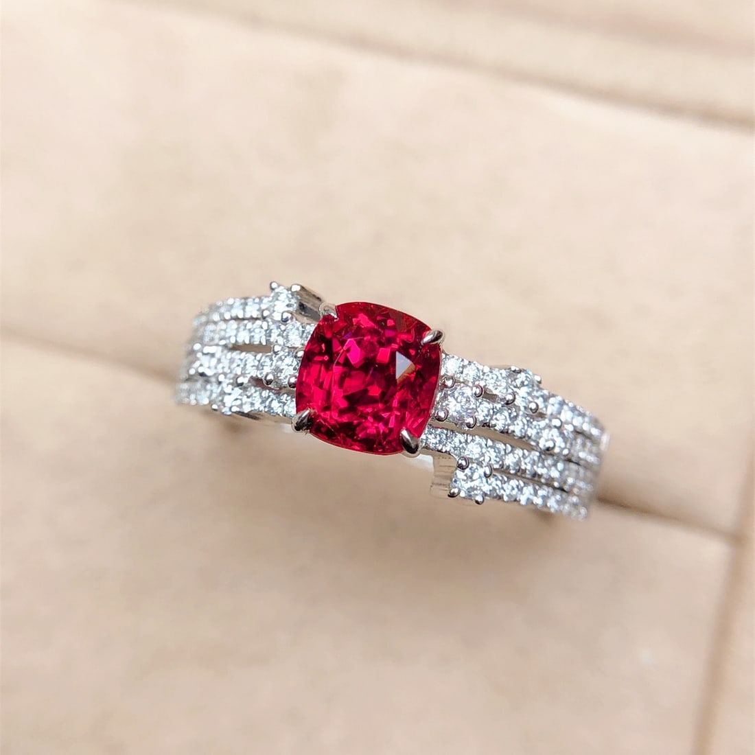 14k Gold 1.64 Ctw Natural Spinel & Diamond Ring: Ref:231102256 // gold content:14k gold // ring size:7. 25us // // main gemstone:spinel // shape:cushion // carat weight:1. 30ct // color:red // treatment:natural // // adjacent gemstone 2 : diamond //