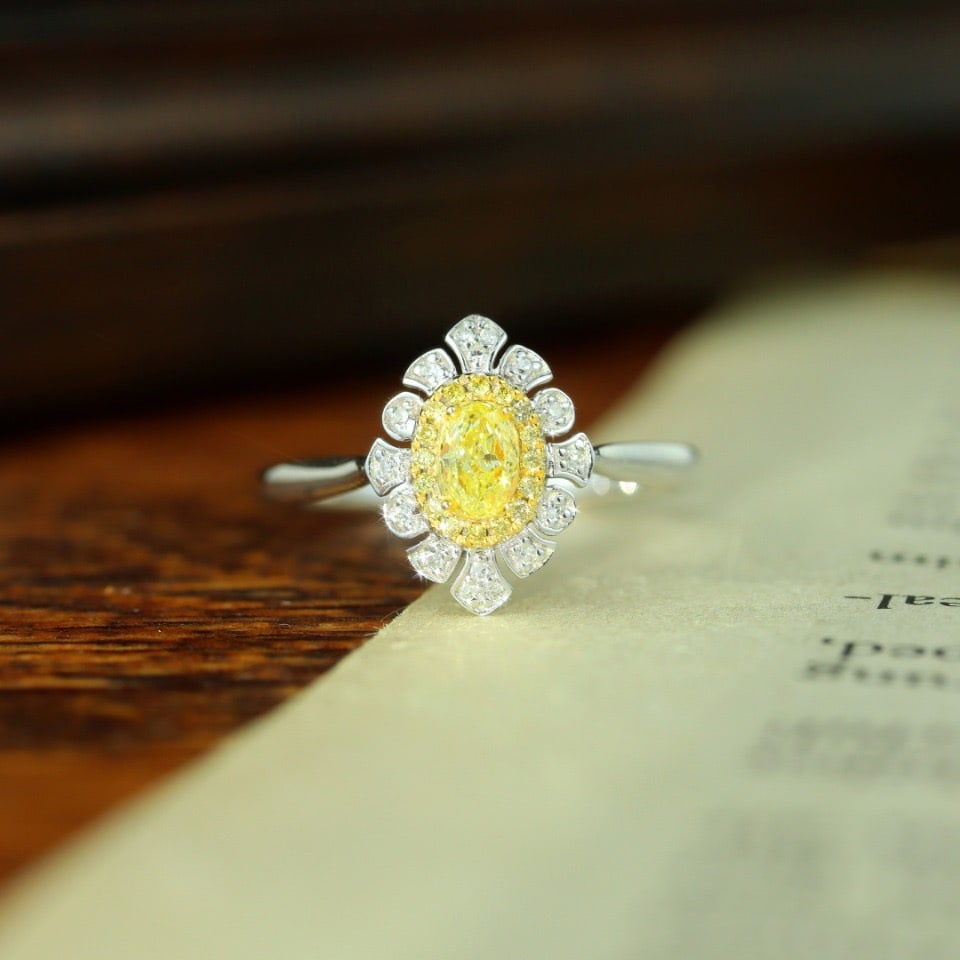 14k Gold 0.43 Ctw Natural Yellow Diamond & Diamond Ring: Ref:231102291 // gold content:14k gold // ring size:7. 25us // // main gemstone:yellow diamond // shape:oval // carat weight:0. 23ct // color:yellow // treatment:natural // // adjacent gemstone 2