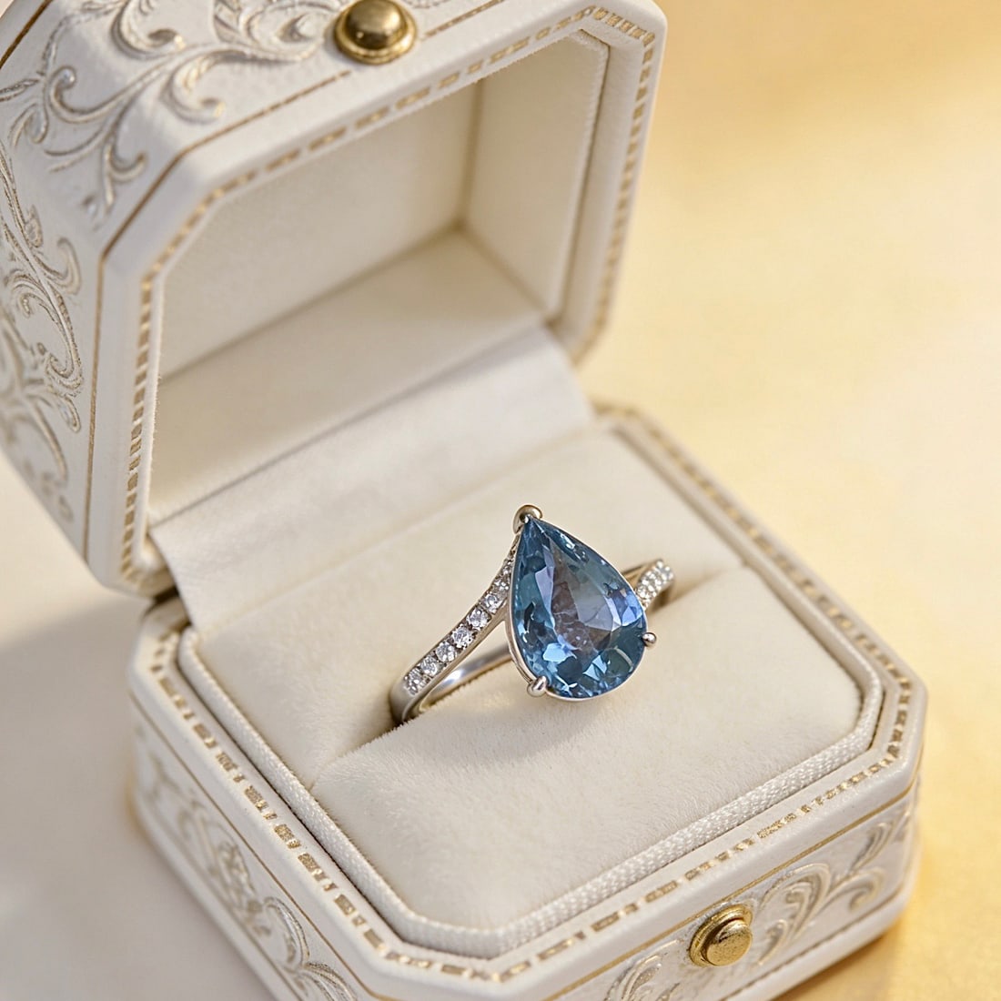 14k Gold 2.77 Ct Natural Aquamarine & Diamond Ring: Ref:231102318 // gold content:14k gold // ring size:7. 25us // // main gemstone:aquamarine // shape:pear // carat weight:2. 77ct // color:santa maria color // treatment:natural // // adjacent