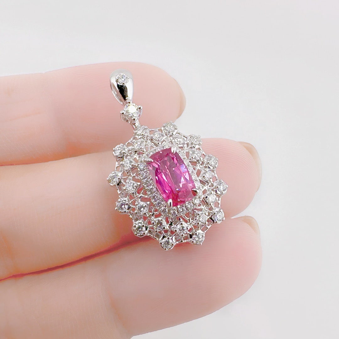 14k Gold 1.63 Ctw Natural Padparadscha Sapphire & Diamond Pendant( Without Chain ): Ref:231102415 // gold content:14k gold // main gemstone:padparadscha sapphire // shape:cushion // carat weight:1. 10ct // color:orangish pink // treatment:natural // // adjacent gemstone 2 : diamond /