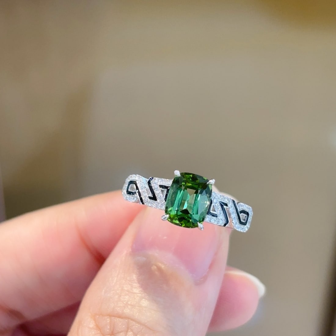 14k Gold 1.7 Ctw Natural Tourmaline & Diamond Ring: Ref:231102436 // gold content:14k gold // ring size:7. 25us // // main gemstone:tourmaline // shape:cushion // carat weight:1. 6ct // color:green // treatment:natural // // adjacent gemstone 2 :