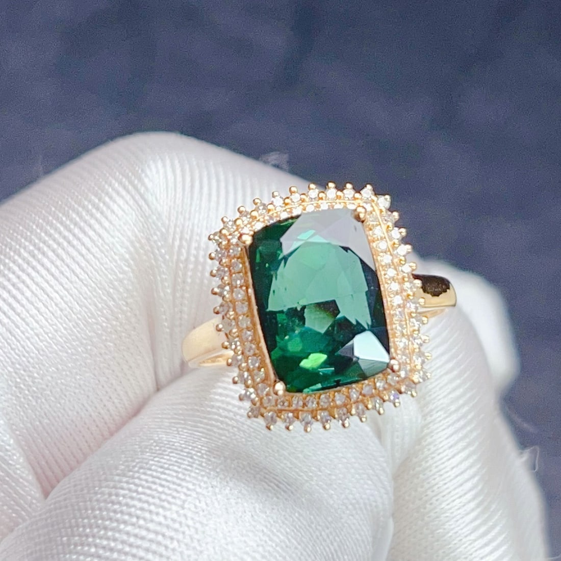 14k Gold 4.63 Ctw Natural Tourmaline & Diamond Ring: Ref:231102437 // gold content:14k gold // ring size:7. 25us // // main gemstone:tourmaline // shape:cushion // carat weight:4. 3ct // color:green // treatment:natural // // adjacent gemstone 2 :