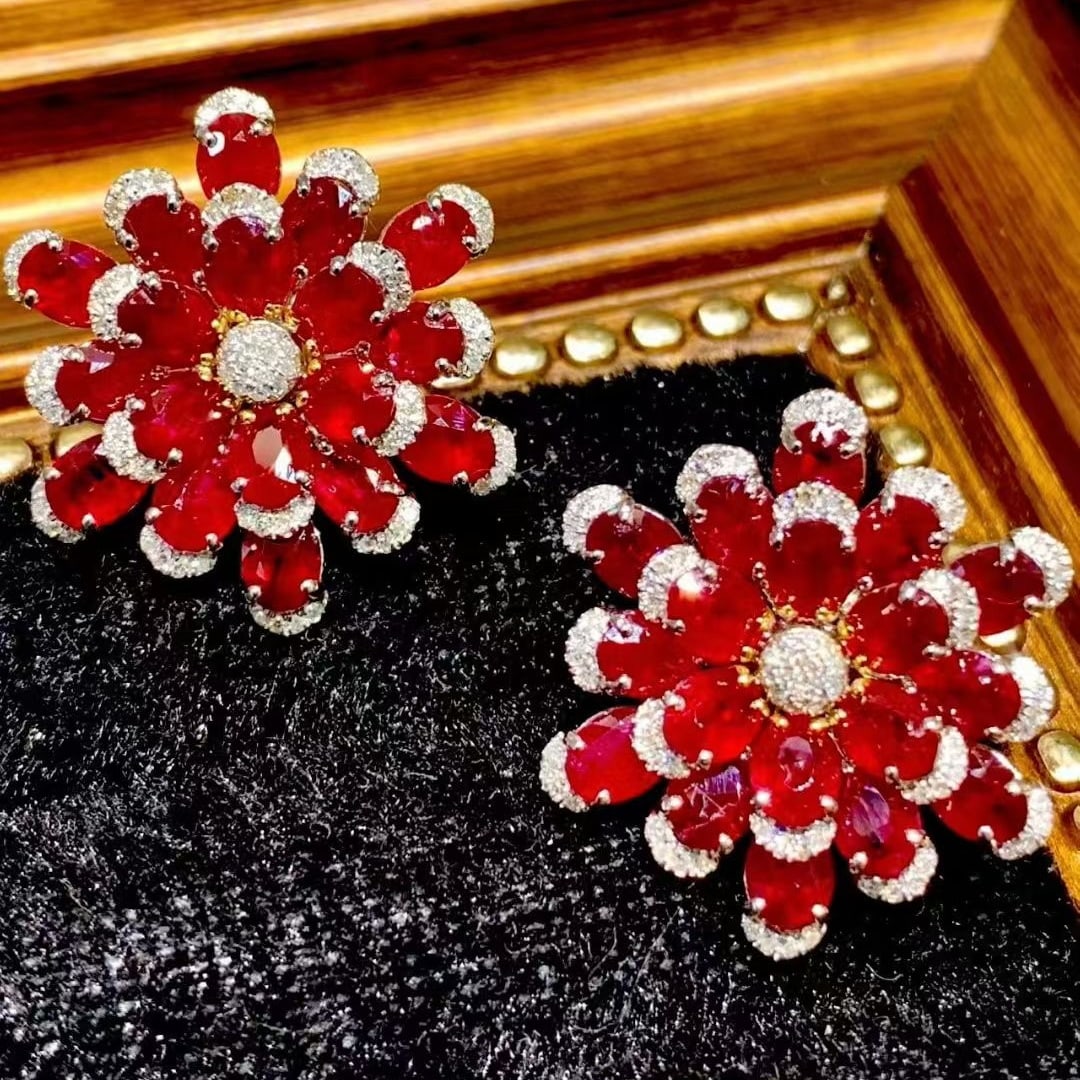 14k Gold 11.25 Ct Natural Ruby & Diamond Earrings - 4