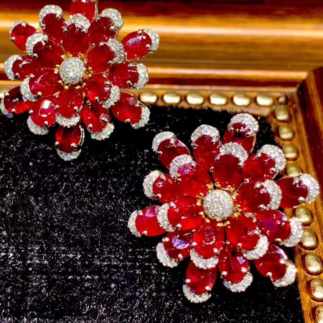 14k Gold 11.25 Ct Natural Ruby & Diamond Earrings - 5