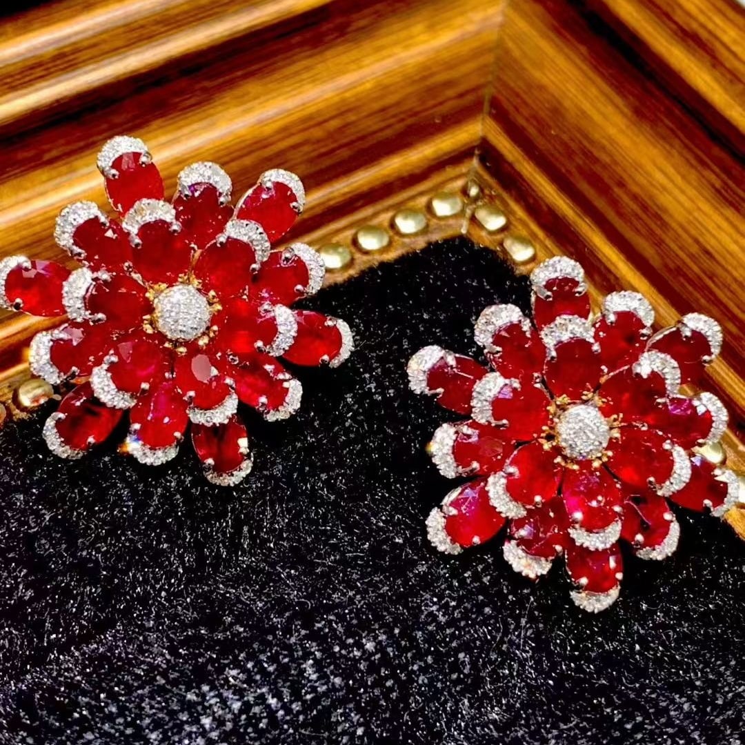 14k Gold 11.25 Ct Natural Ruby & Diamond Earrings - 6