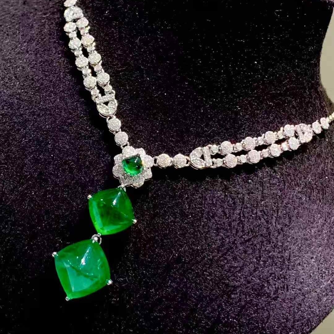 14k Gold 8.88 Ct Vivid Green Natural Emerald & Diamond Necklace - 5