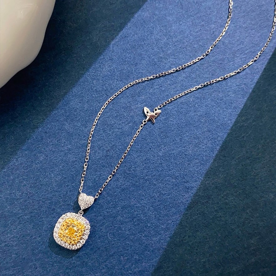 14k Gold 0.50 Ctw Natural Yellow Diamond & Diamond Necklace: Ref:231103118 // gold content:14k gold // main gemstone:yellow diamond // shape:cushion // carat weight:0. 30ct // color:yellow // treatment:natural // // adjacent gemstone 2 : diamond //